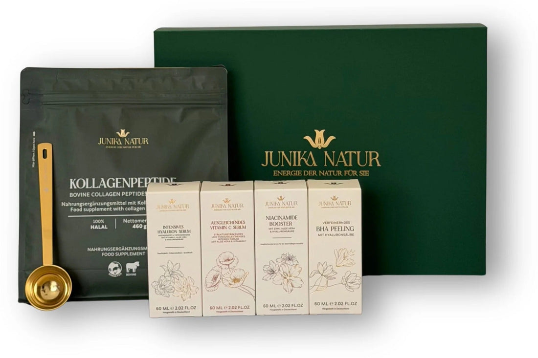 JuniKa Natur Geschenkset Deluxe mit Kollagenpeptiden, Dosierlöffel und vier Seren in grüner Geschenkbox