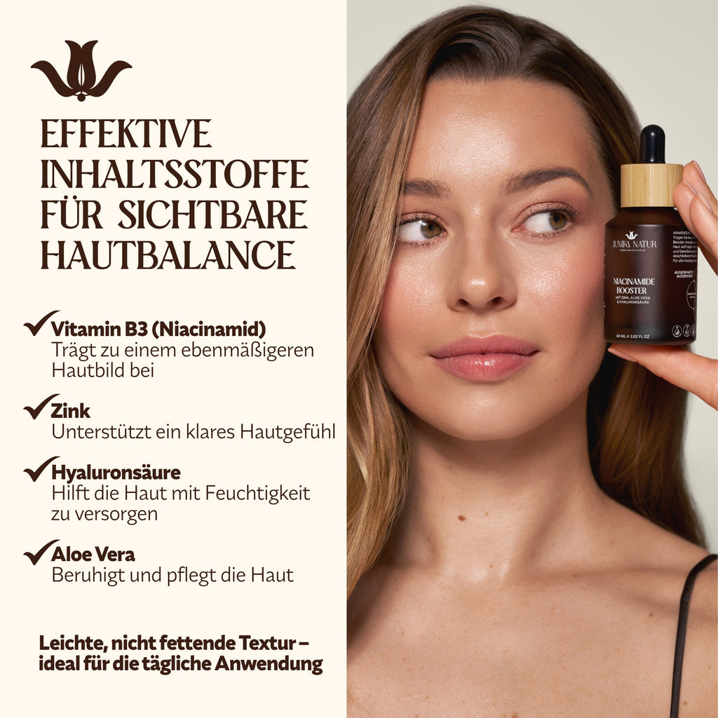 Frau mit Niacinamide Booster – Vitamin B3, Zink, Hyaluronsäure und Aloe Vera