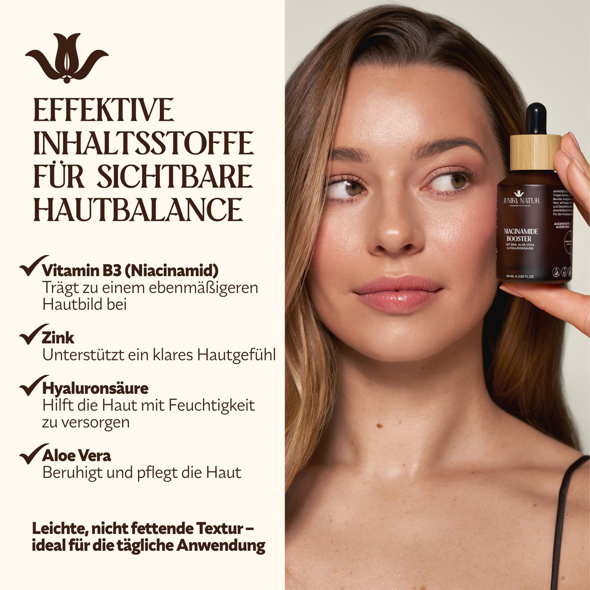Frau mit Niacinamide Booster – Vitamin B3, Zink, Hyaluronsäure und Aloe Vera