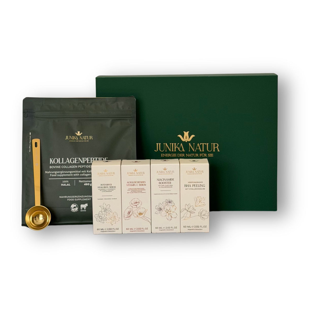 JuniKa Natur Geschenkset Deluxe: Kollagenpeptide, goldener Dosierlöffel, vier Seren und grüne Geschenkbox